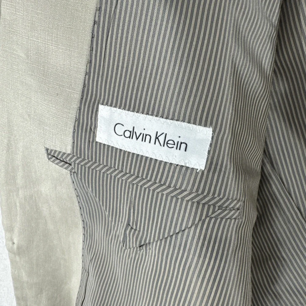 Calvin Klein Mens 100% Linen Beige Blazer 46R Comfort breathable wedding preppy